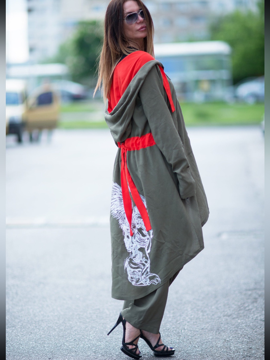 Olive Hooded Long Jacket With Orange Drawstrings